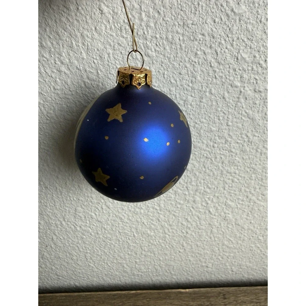 Signed Celestial Moon Stars Hand Painted Blue Glass Ornament Vintage 1993 Studio